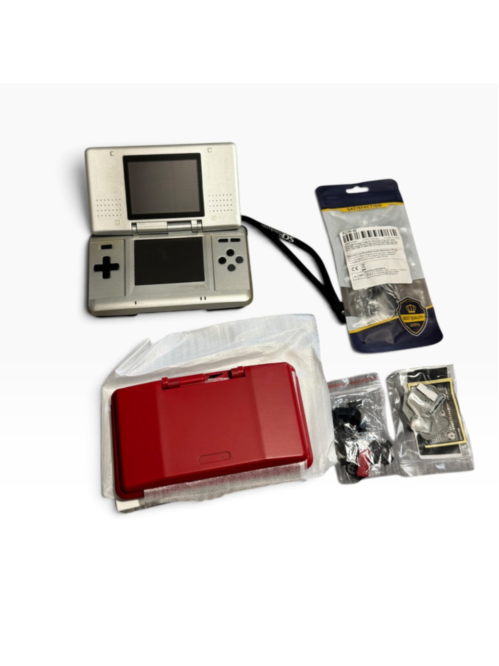 Nintendo DS Handheld Console Silver Bundle With Red Diy Reshell Kit and Charger